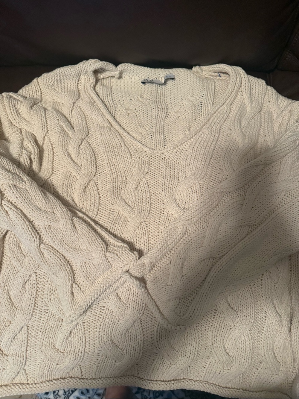 Zara Classic Woman’s Cable Knit V-Neck Sweater - Cream
